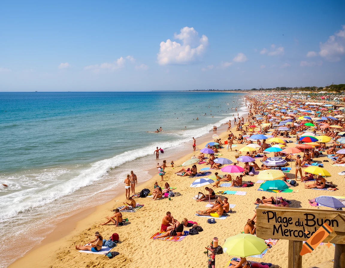 A crowded beach scene with numerous colorful umbrellas and people swimming and sunbathing along the ocean under a clear blue sky. A wooden sign reads "Plage du Buon Mercoledì".