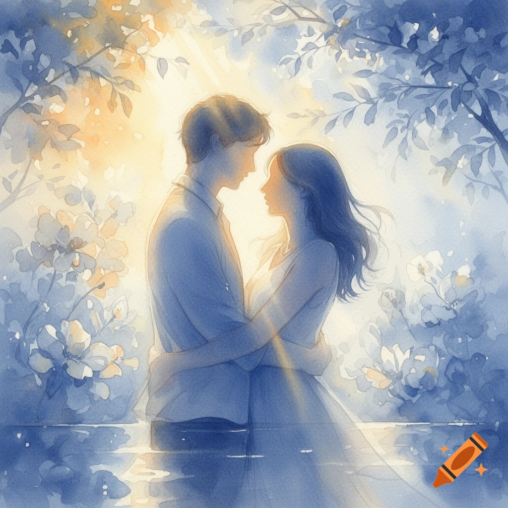 Watercolor illustration of a couple embracing, surrounded by blue and golden foliage and light rays, with reflections in water.