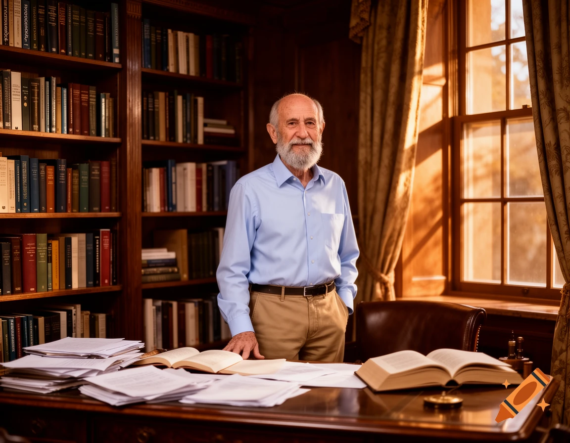 A distinguished elderly professor with a white beard, wearing a blue shirt and khakis, stands smiling in a sunlit library filled with books.