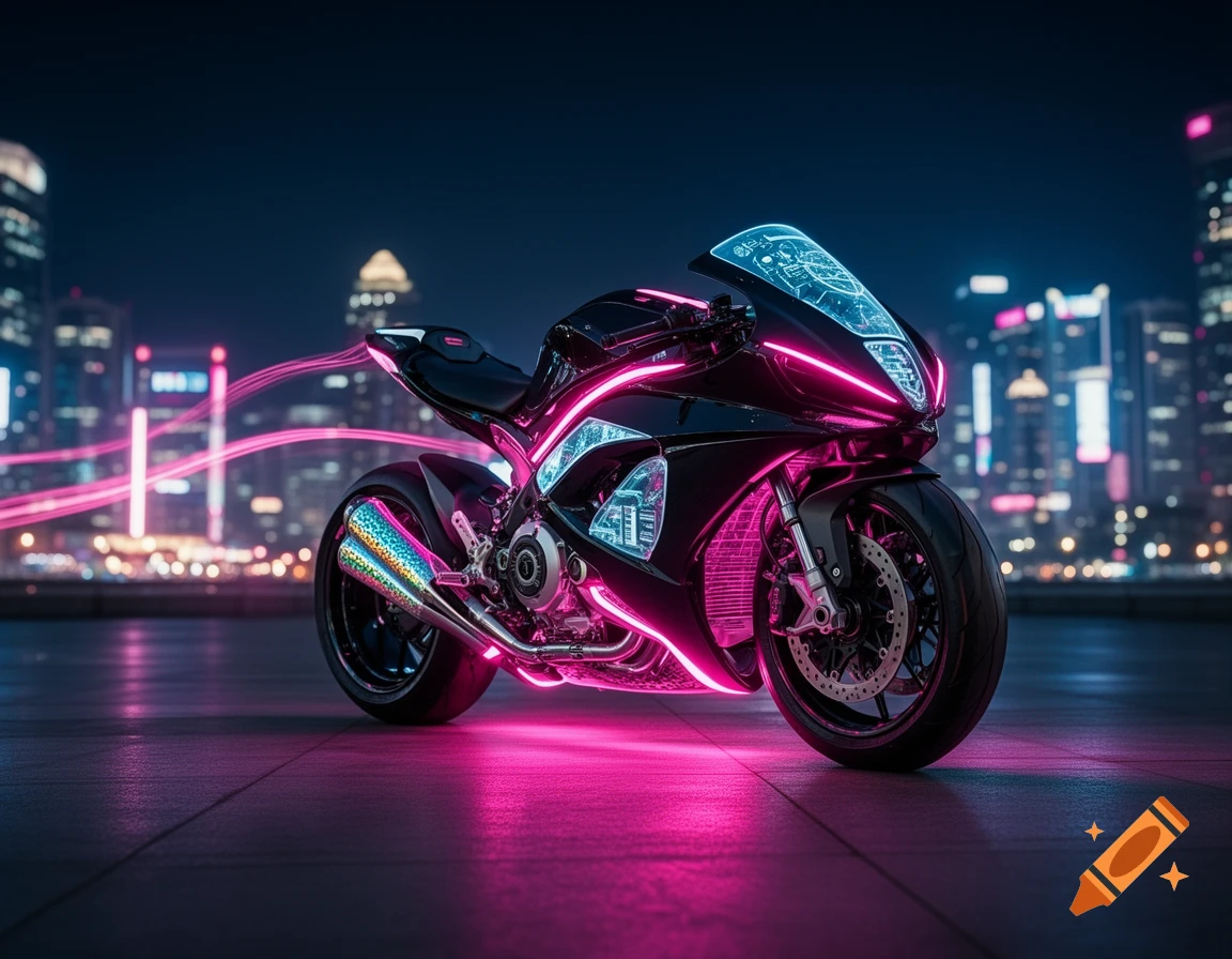A sleek black cyberpunk motorcycle with vibrant neon pink lights parked on a street with a blurred city skyline at night.