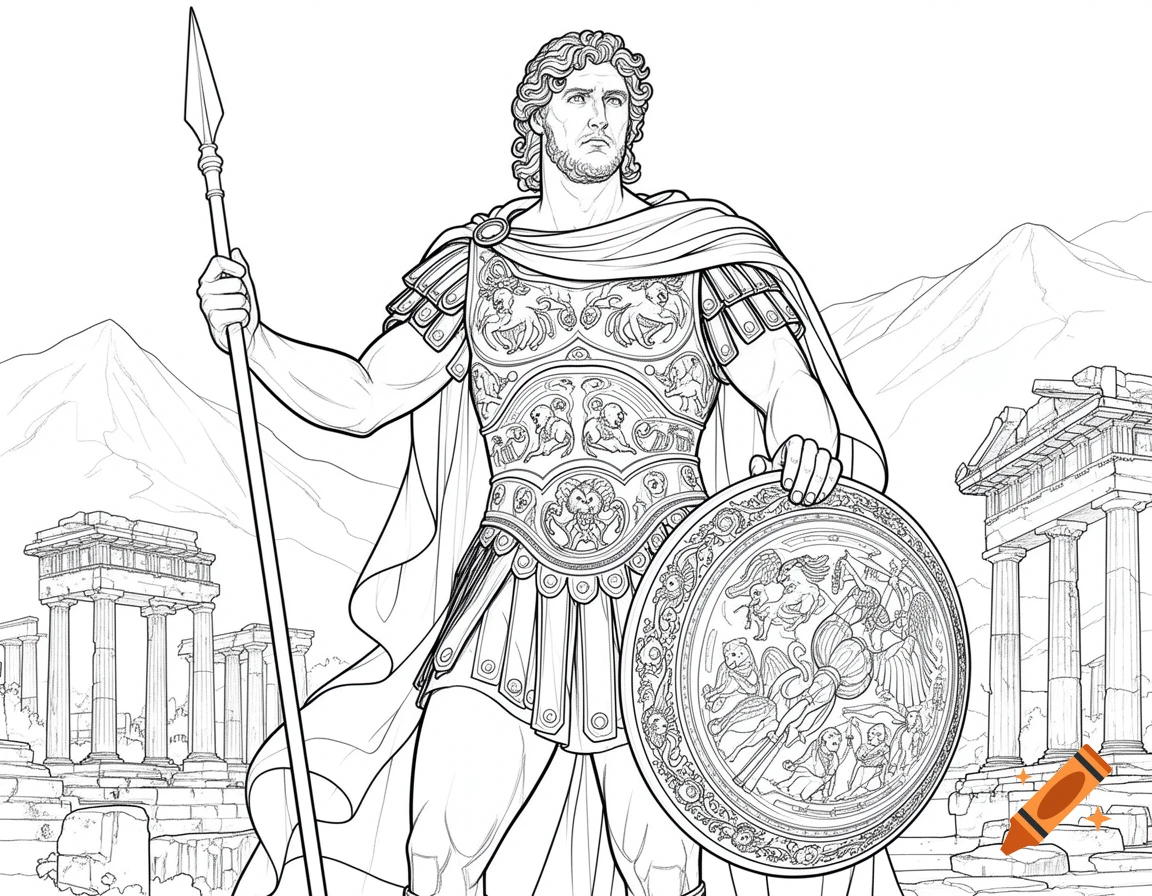 Ancient Greek hero in armor with a spear and ornate shield, standing among ruins, in a black and white line art style.