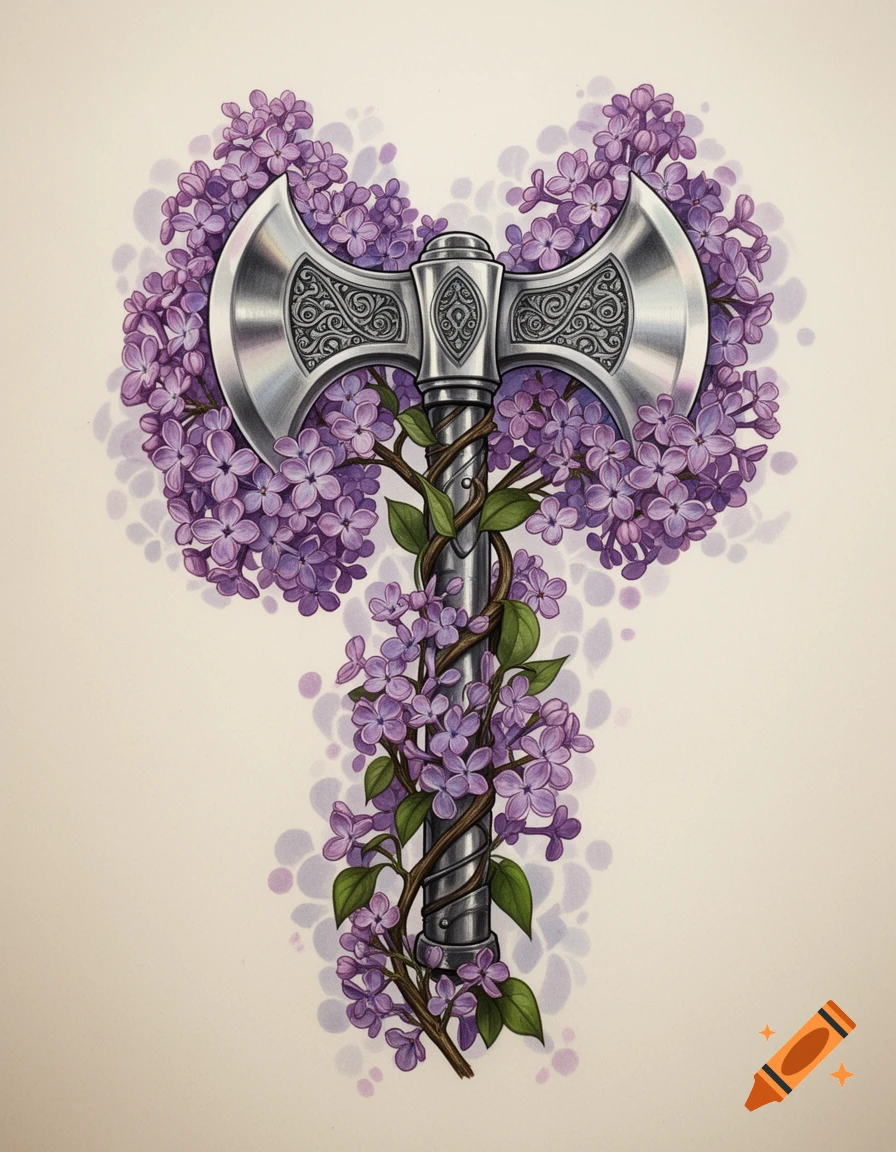 A detailed illustration of a silver double-headed axe (labrys) with intricate carvings, entwined with lush purple lilac flowers and green leaves.