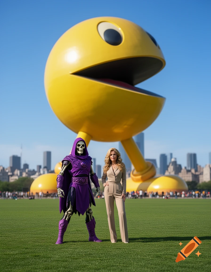 Skeletor and Heather Locklear stand in a grassy field in front of a giant Pac-Man statue, with a city skyline in the background.
