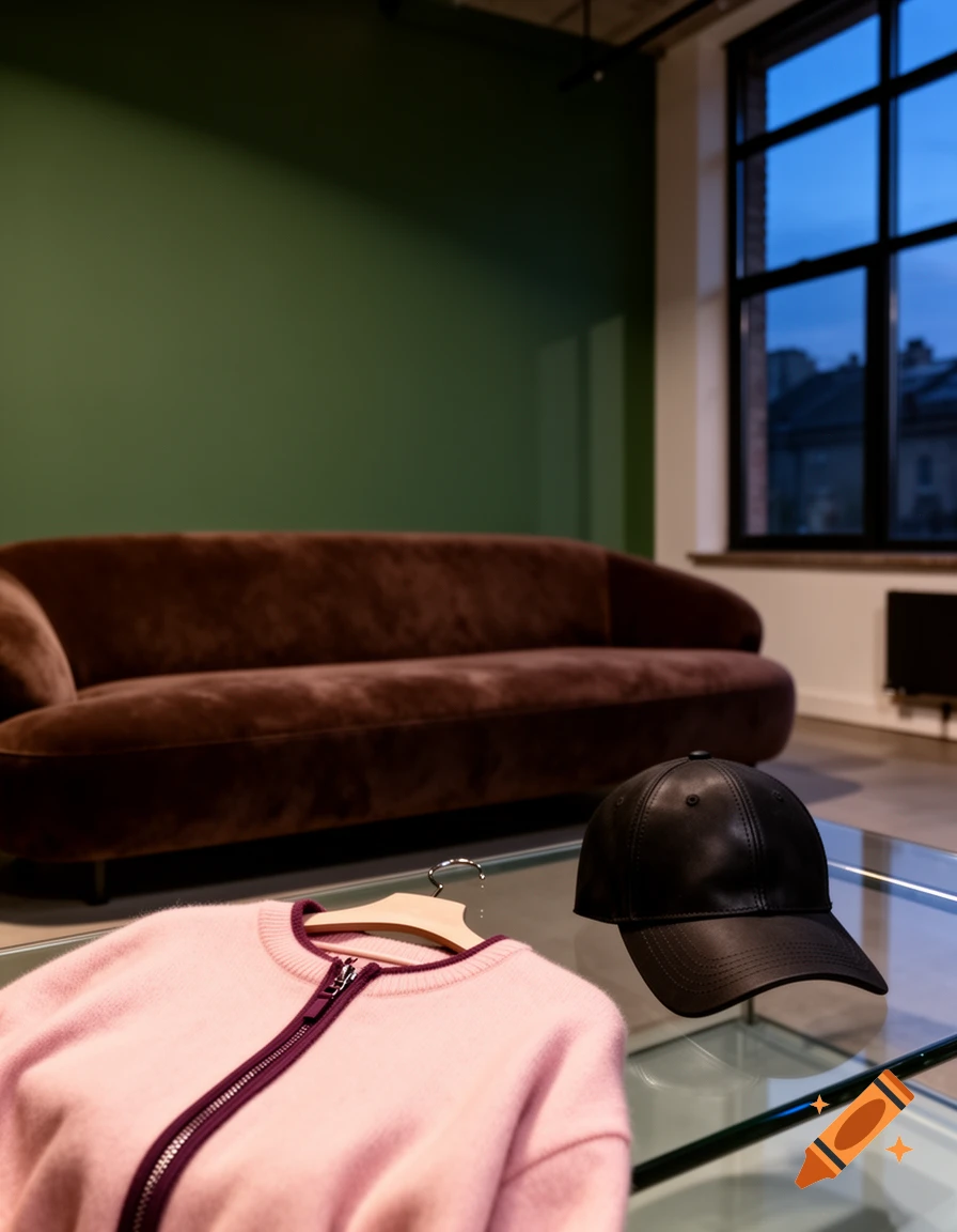 A brown sofa against a green wall, with a pink zippered sweater on a hanger and a black baseball cap on a glass table in the foreground. A window shows an evening cityscape.