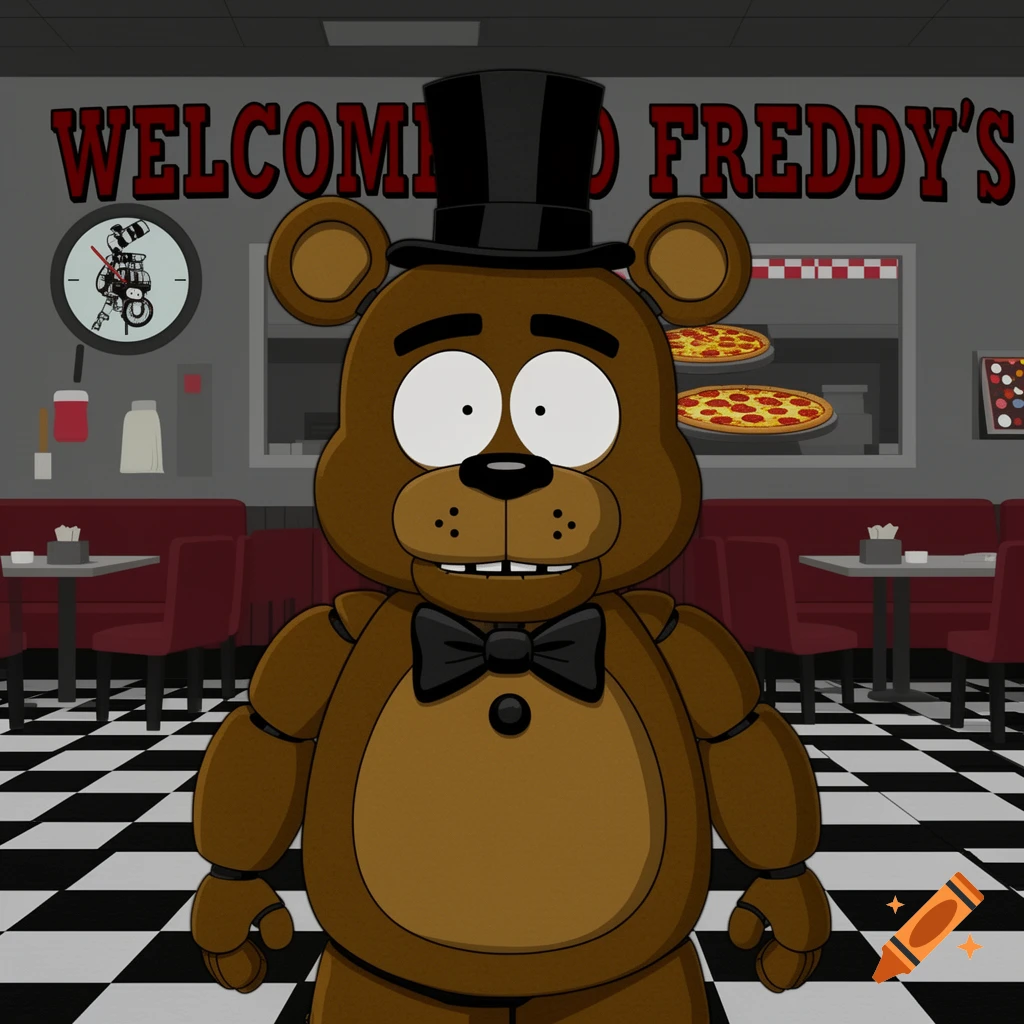 South Park style Freddy Fazbear in a diner with a 'Welcome to Freddy's' sign.