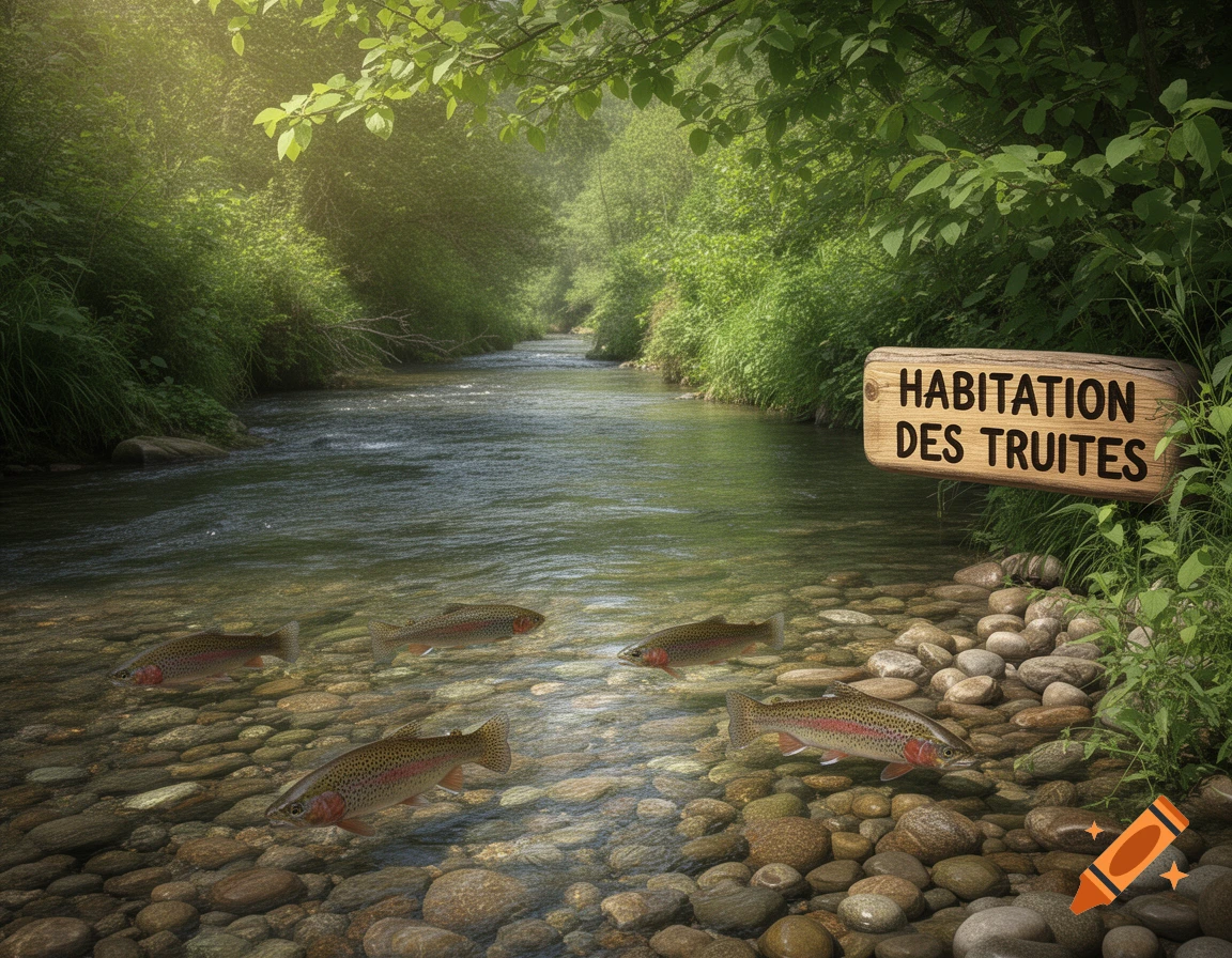 A clear river flows through a lush green forest, with several trout swimming over visible rocks and a wooden sign reading 'HABITATION DES TRUITES'.