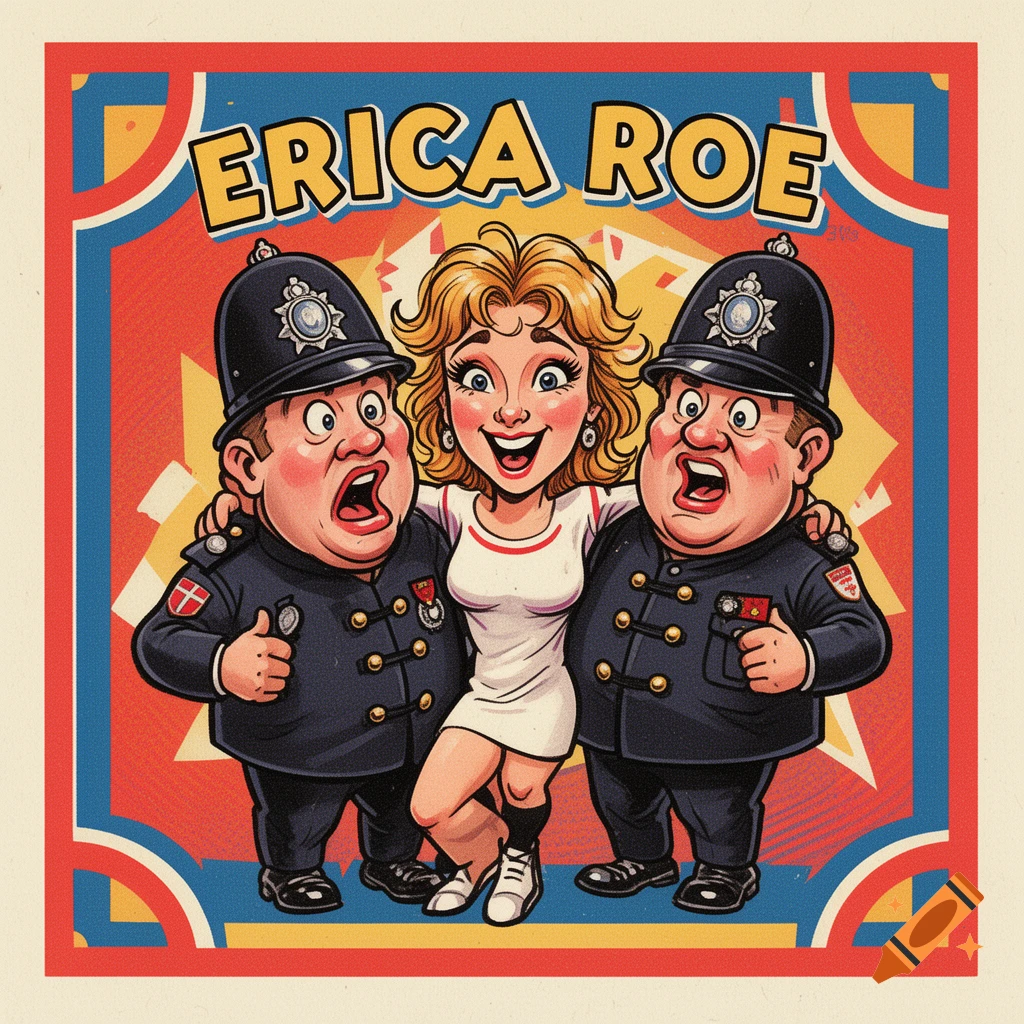 Vintage caricature trading card featuring a blonde woman in a white dress between two British policemen in uniform, all with exaggerated expressions.