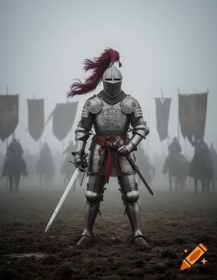 A knight in full plate armor with a red plume stands on a muddy battlefield, sword drawn, with other blurred knights and banners in a foggy background.