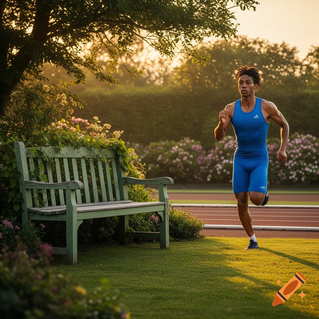 A male runner in a blue uniform runs on a track next to a green park bench and lush garden during golden hour.