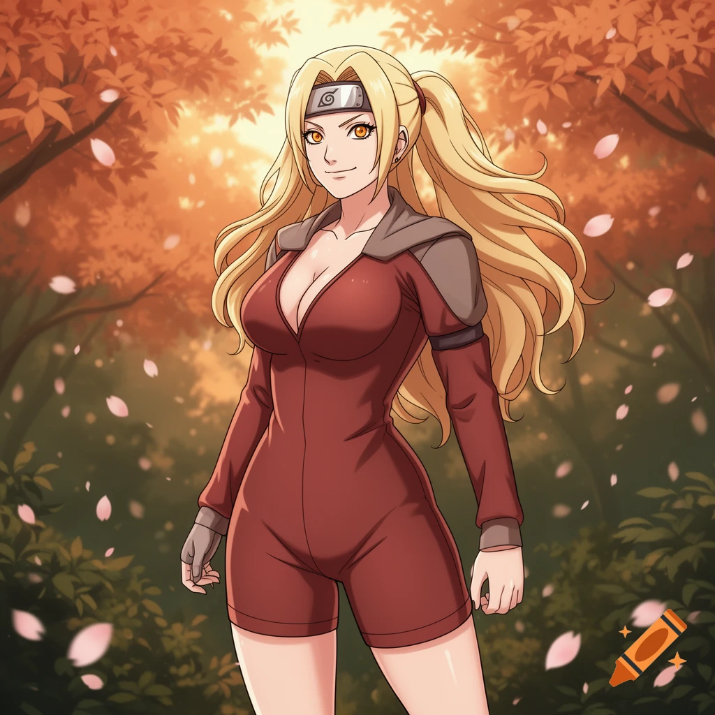 Anime-style woman with long blonde hair and orange eyes, wearing a red form-fitting jumpsuit and headband, standing in an autumn forest.