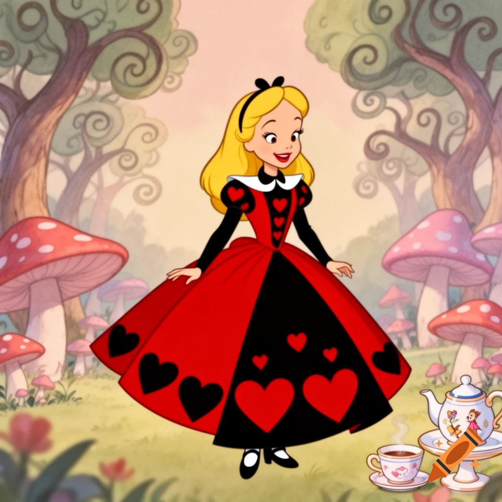 Alice in Wonderland wearing a red and black Queen of Hearts dress in a whimsical cartoon forest with mushrooms.