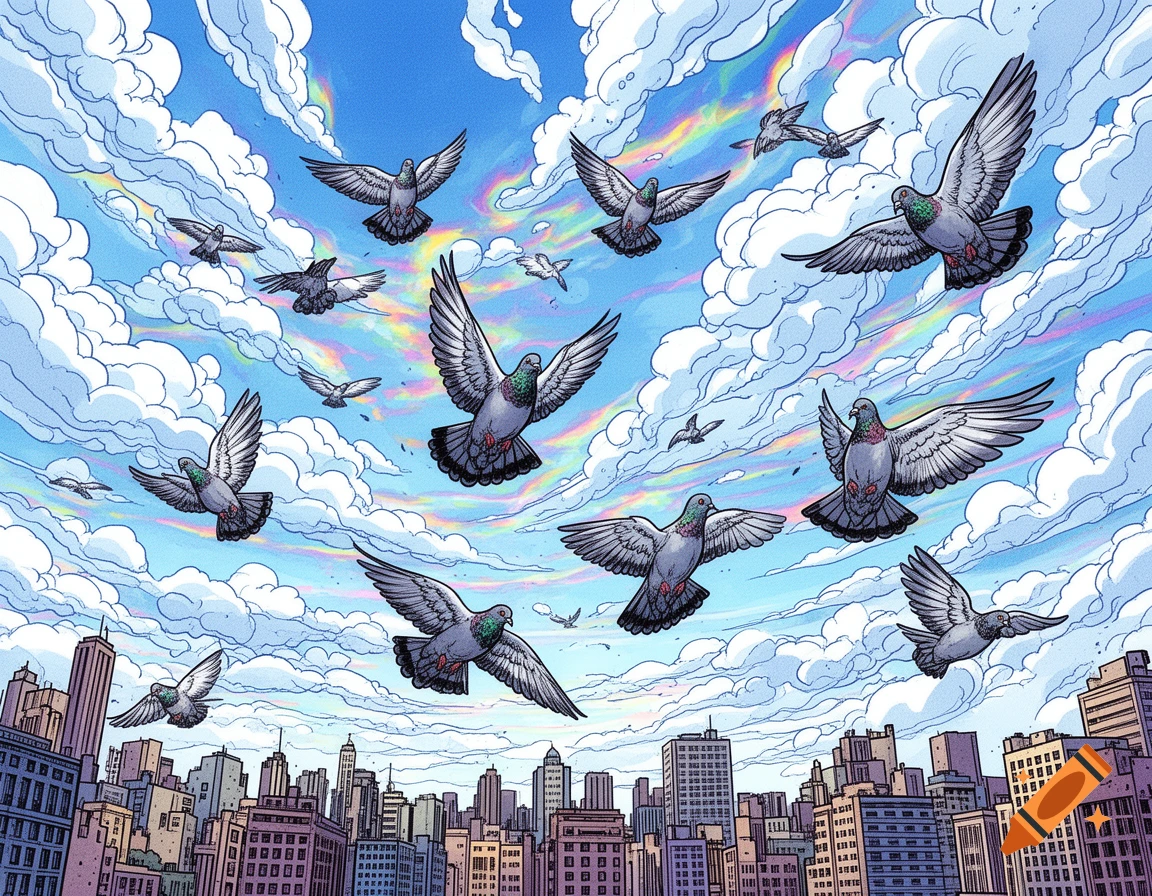Comic style illustration of numerous pigeons flying over a vibrant city skyline under a blue sky with rainbow-shimmering clouds.