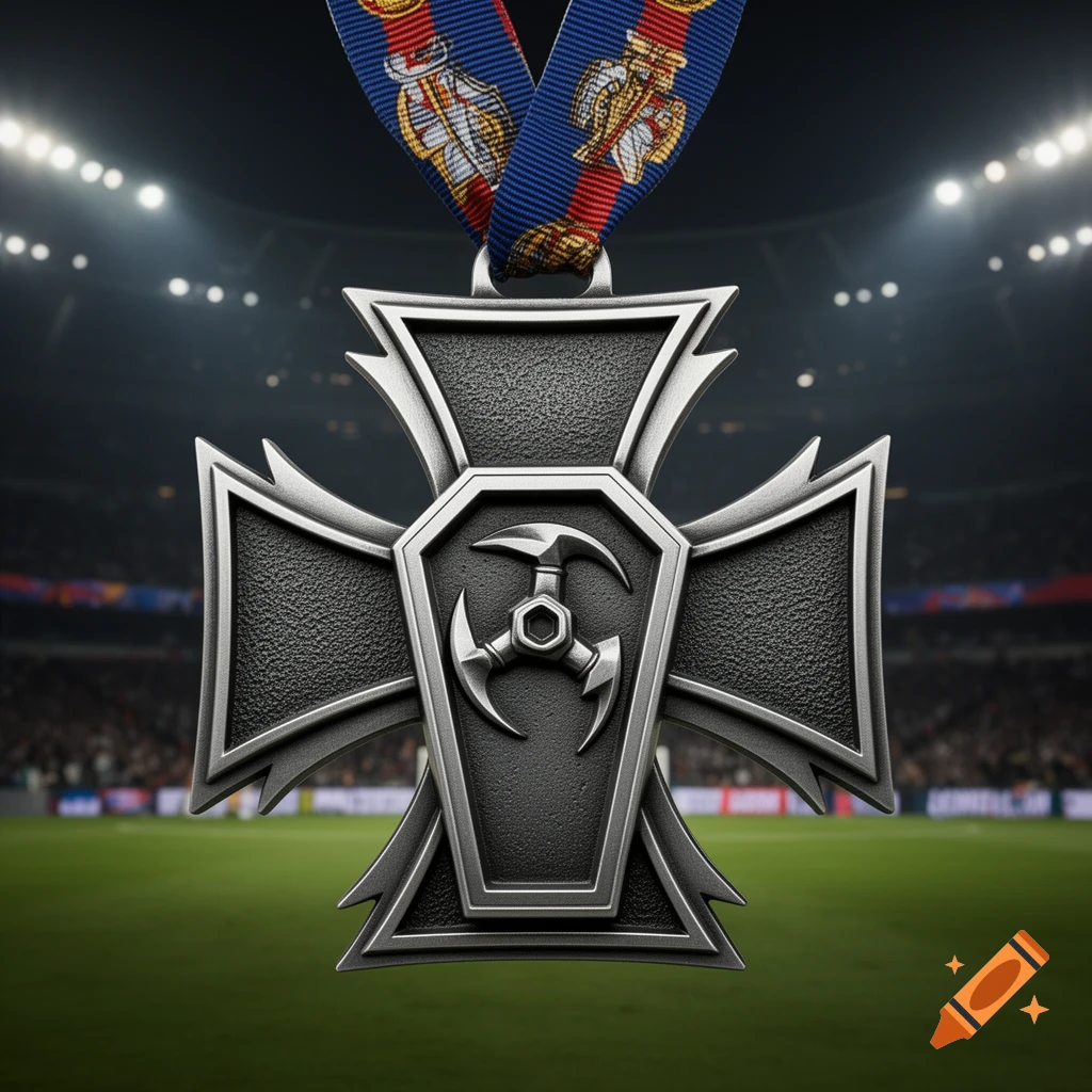 A detailed, dark metallic medal shaped like an Industrial Iron Cross with a spiky triskelion in a coffin shape, hanging from a colorful patterned ribbon against a blurred sports stadium background.