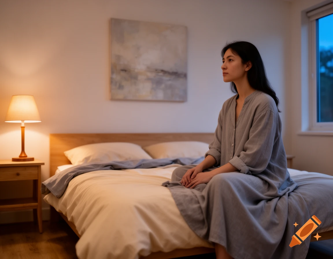 A woman in a grey nightshirt sits on a bed in a bedroom, illuminated by a bedside lamp and natural light from a window.