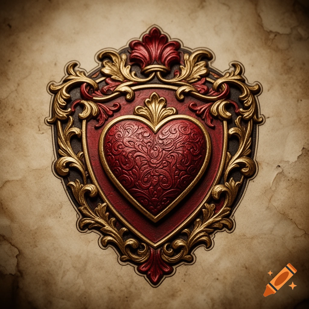 An ornate gold and red heart emblem with intricate scrollwork, set against a distressed parchment background.