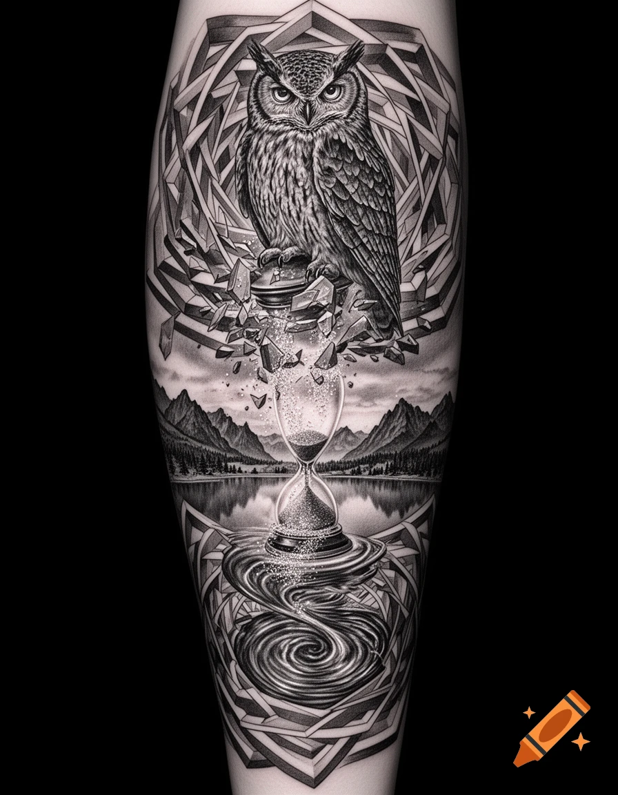 Highly detailed black and white tattoo art of an owl perched above a broken hourglass, with a lake and mountains below, surrounded by geometric patterns.