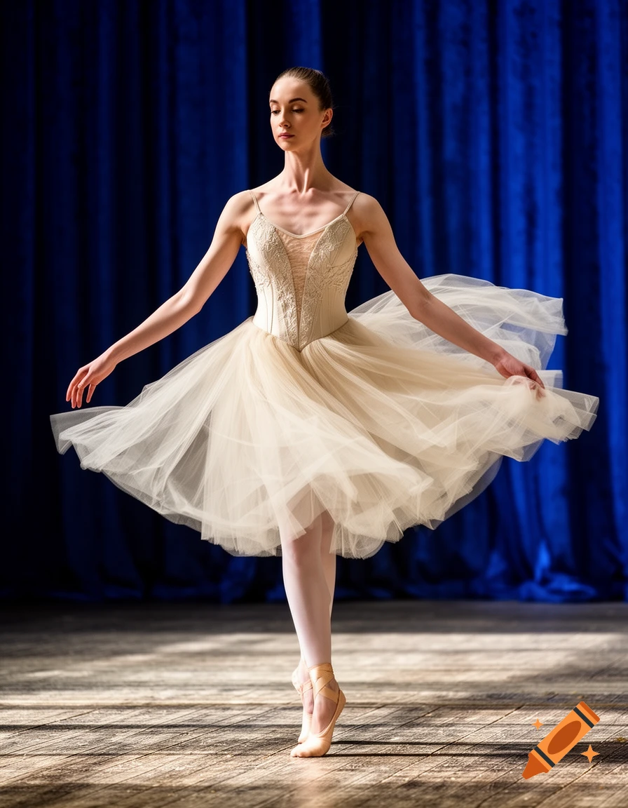 A ballerina in a cream-colored tutu and pointe shoes poses on a wooden stage with a blue curtain backdrop, looking down.