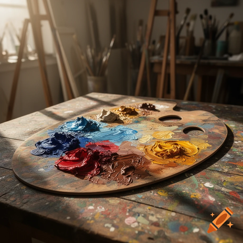 An artist's wooden palette laden with colorful oil paints, resting on a paint-splattered table in a sunlit art studio.