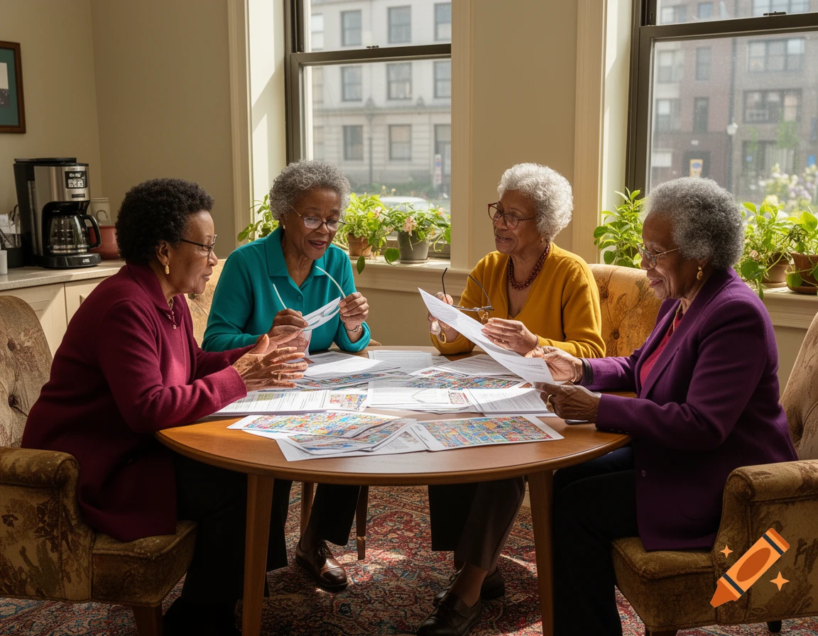 Four elderly Black women sit at a round table, discussing colorful papers in a sunlit room, photorealistic.