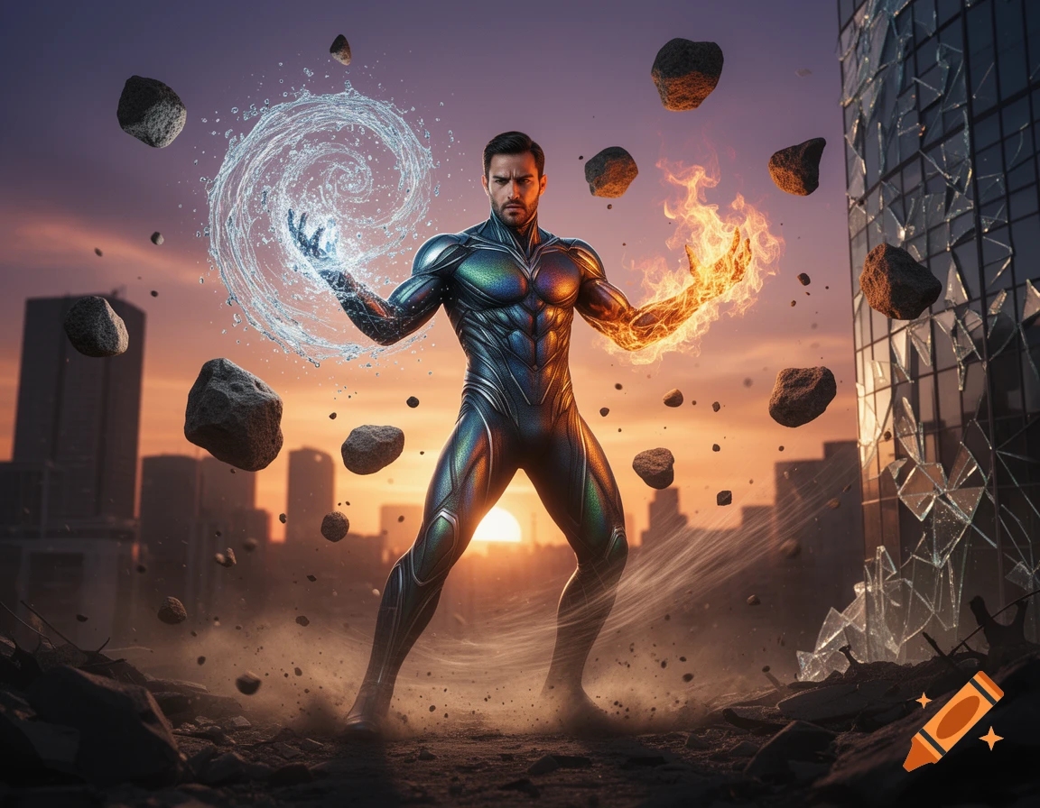 Muscular superhero in a metallic suit manipulating water and fire, with floating rocks, against a sunset cityscape and destroyed building.