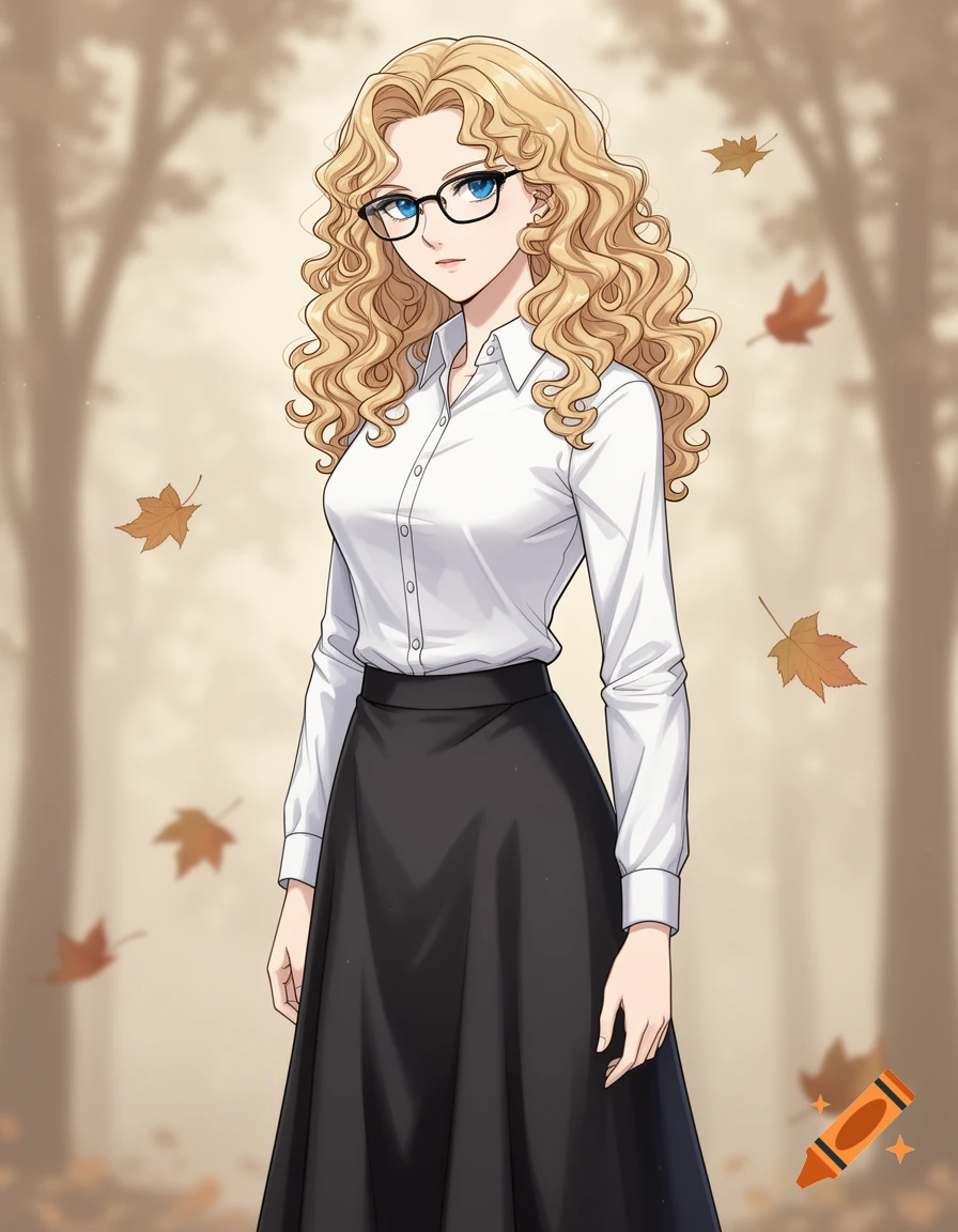 A full-body anime illustration of a curly blonde woman with glasses in a white shirt and black skirt amidst falling autumn leaves.