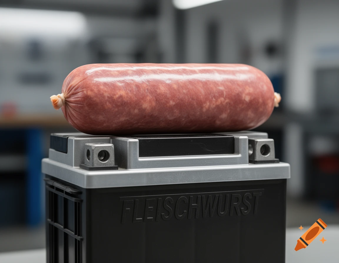 A long, pink bologna sausage rests on a black motorcycle battery with a silver top, in a photorealistic close-up.