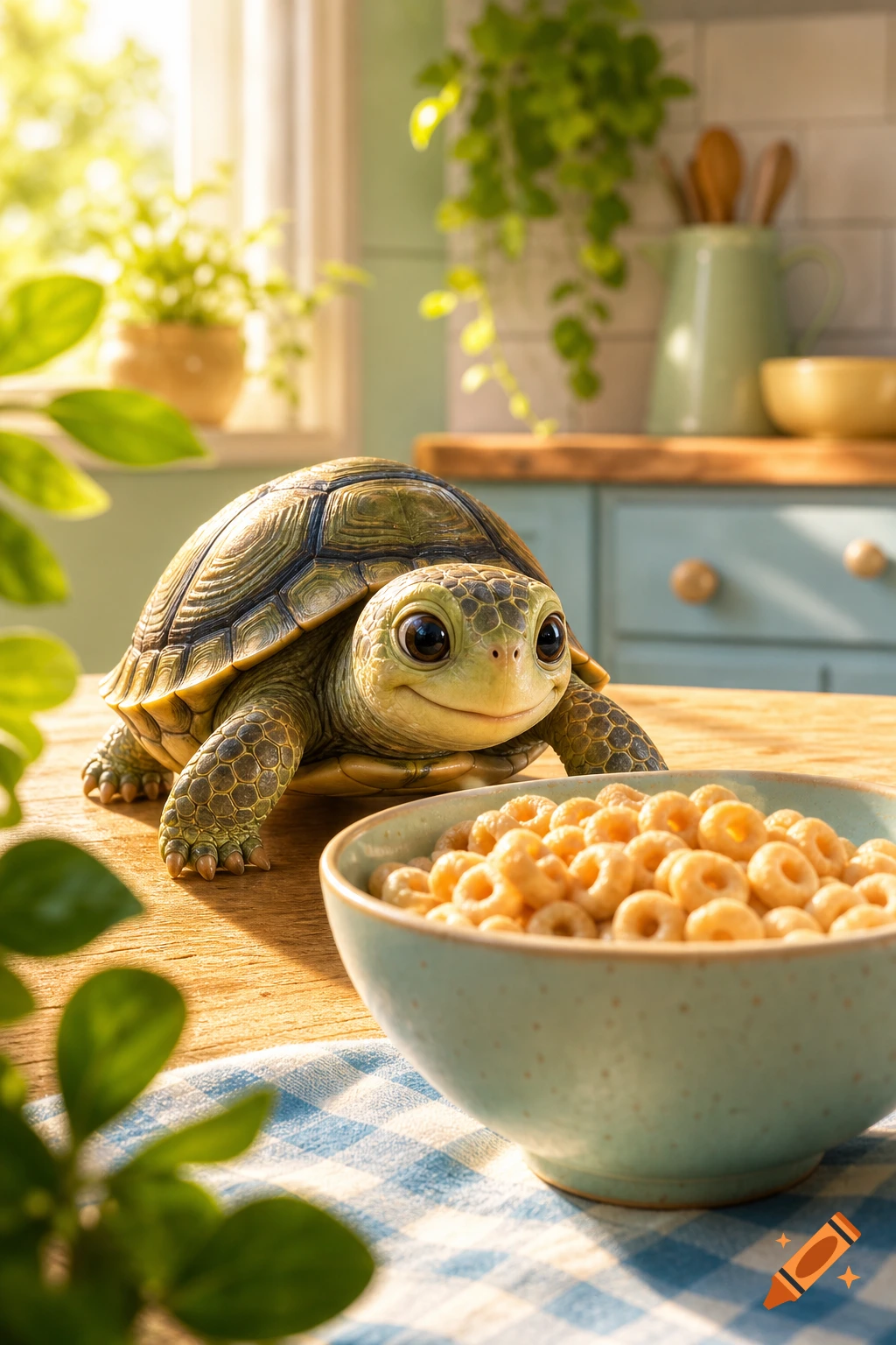 A cute, smiling turtle on a wooden kitchen counter looking at a bowl of cereal, with sunlight streaming through a window.