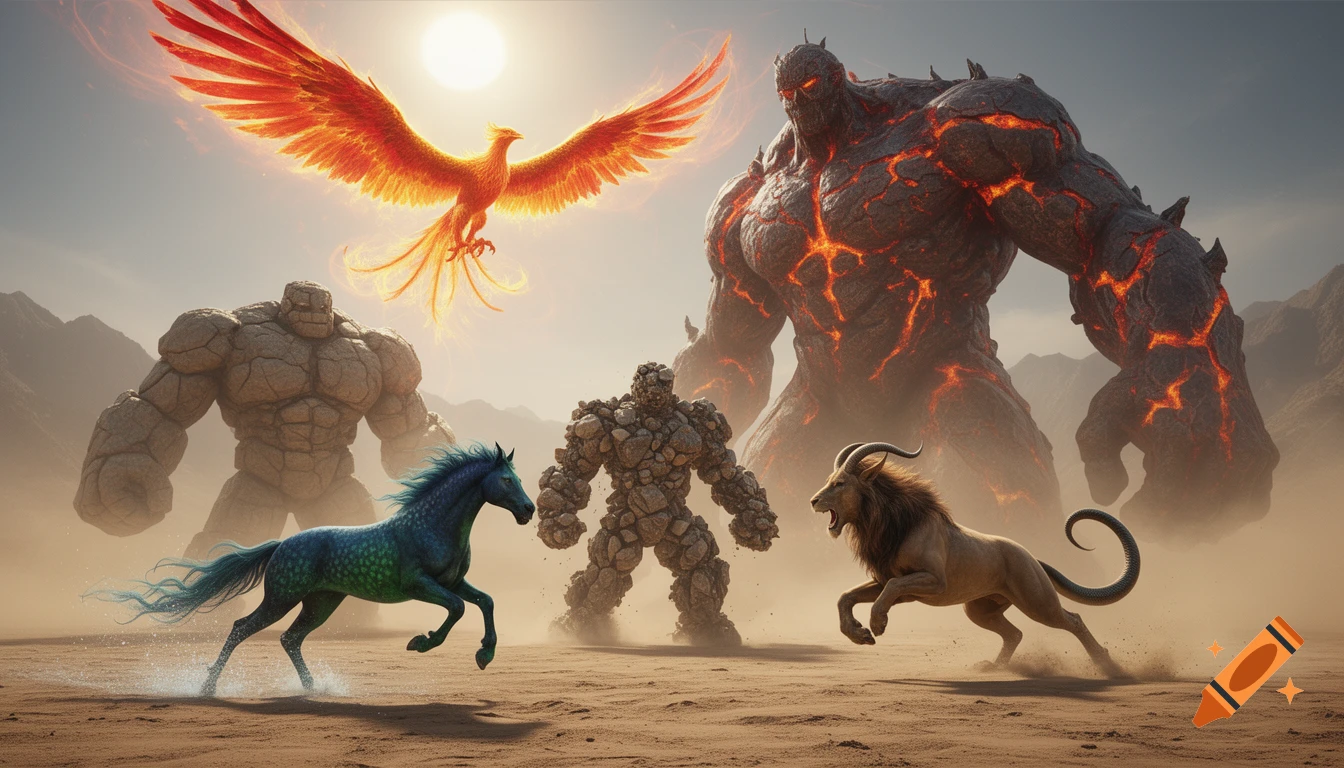 A vibrant phoenix flies over a desert scene where a blue-green kelpie and a horned lion-like chimera run from rock golems and a fiery titan under a bright sun.