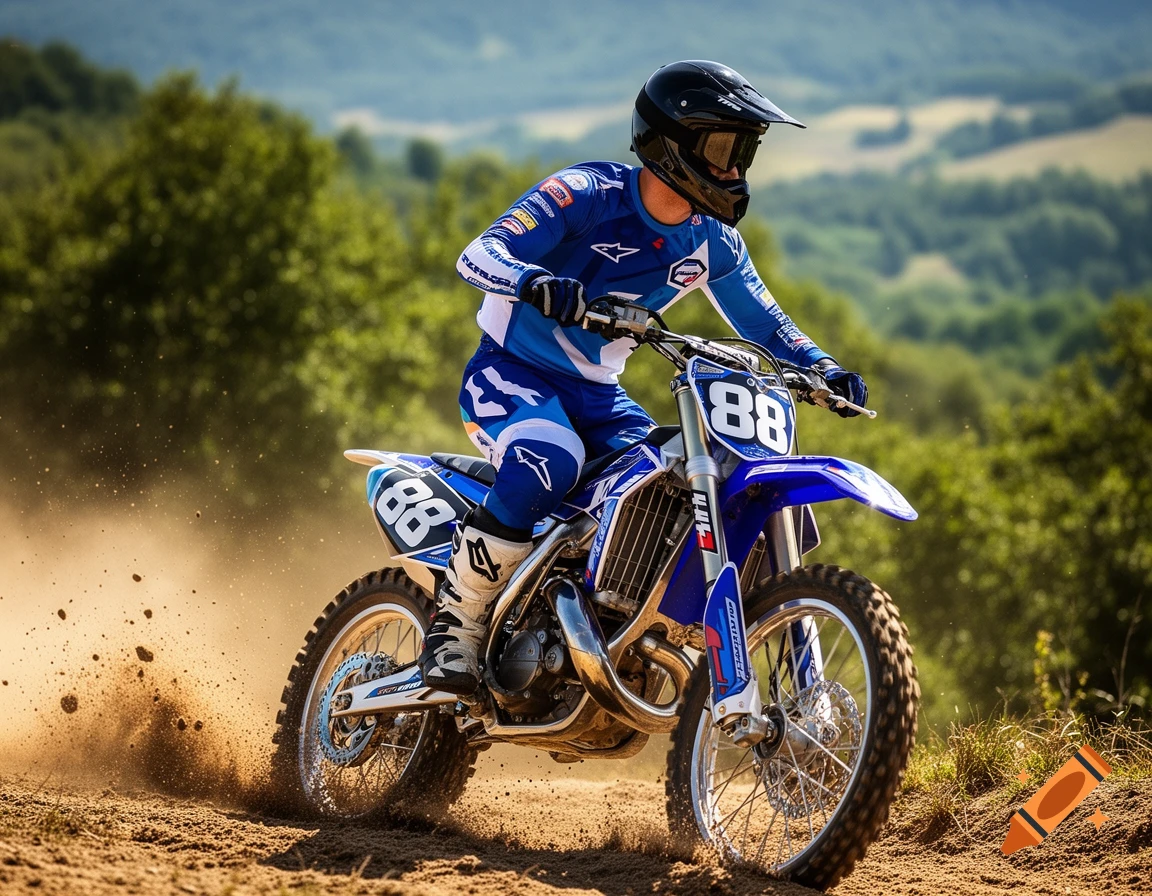A motocross rider in blue and white gear, number 88, races on a dirt track, kicking up dust on a sunny day.
