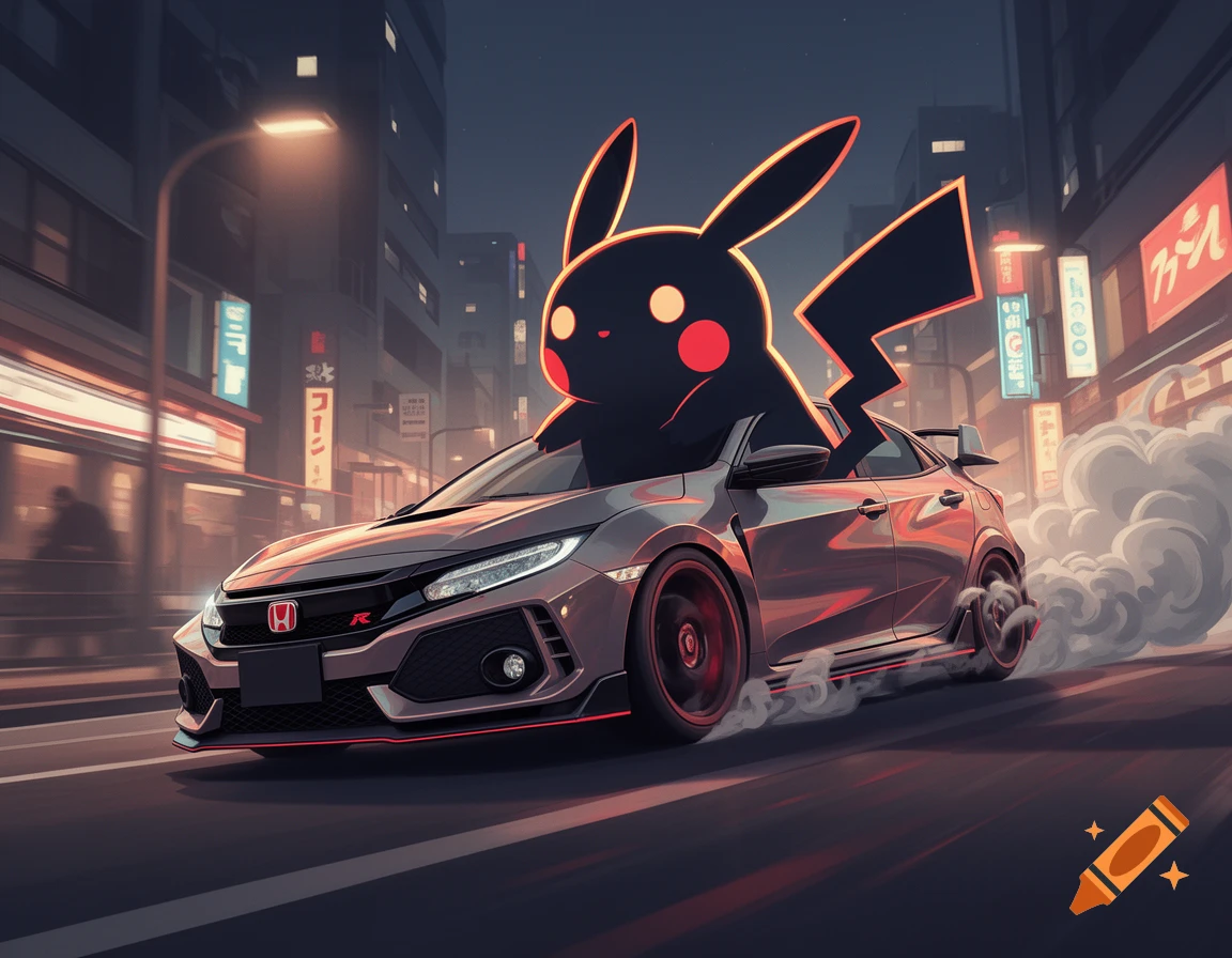 A dark silhouette of Pikachu driving a gray Honda Type R on a city street at night, with glowing neon signs.