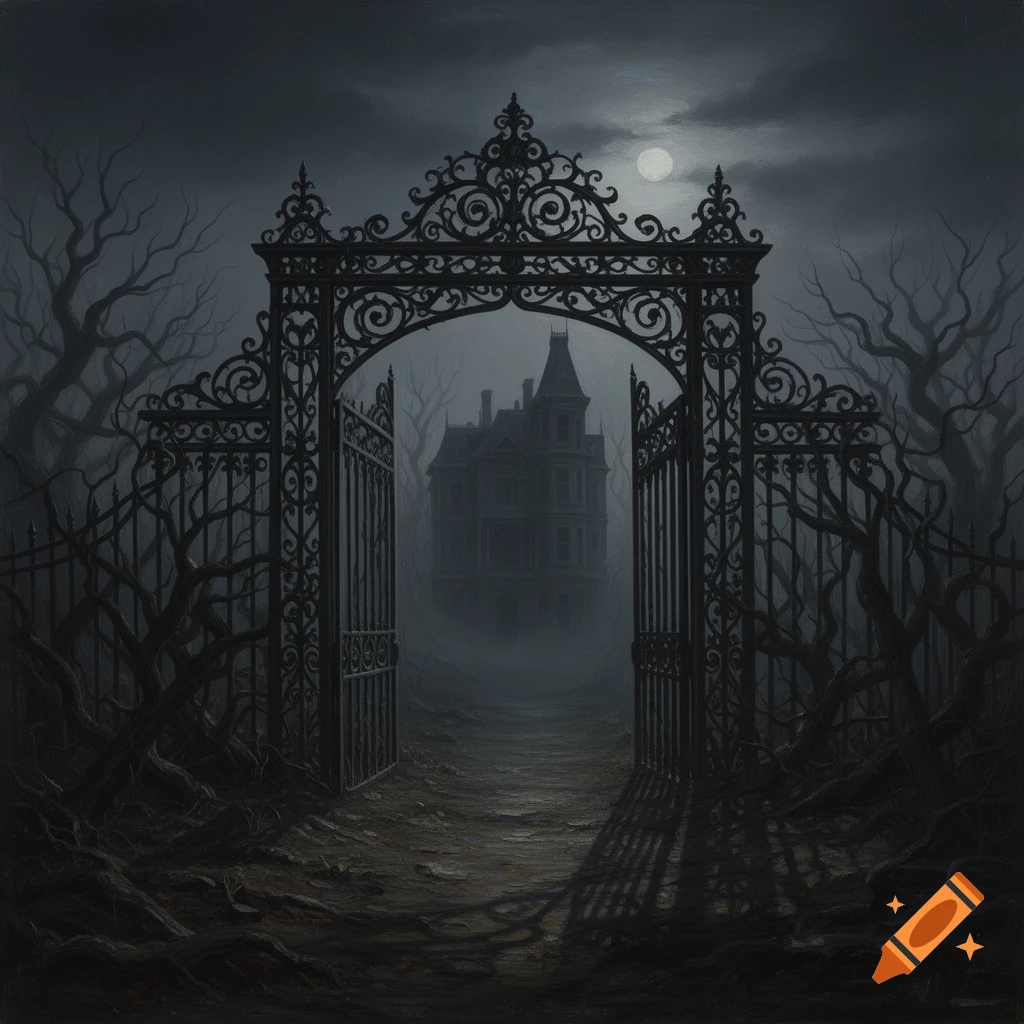Dark, moody oil painting of an ornate wrought-iron gate opening to a foggy, isolated Victorian mansion under a full moon.