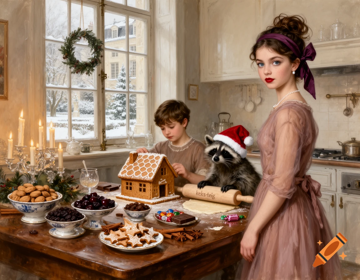 Oil painting of a young girl, boy, and a raccoon in Santa hat baking in a festive vintage kitchen, decorating a gingerbread house.
