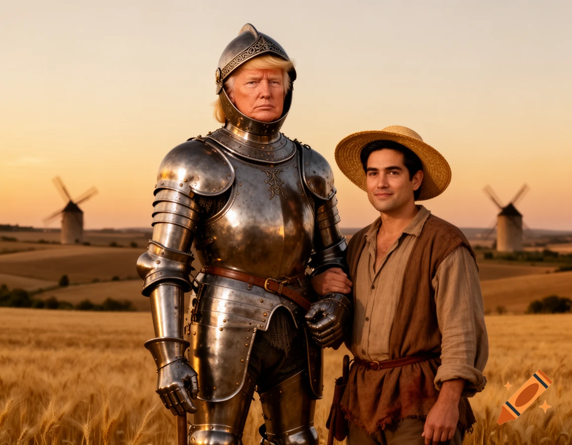 Donald Trump in knight armor stands with Marco Rubio as a peasant in a golden wheat field with windmills at sunset.