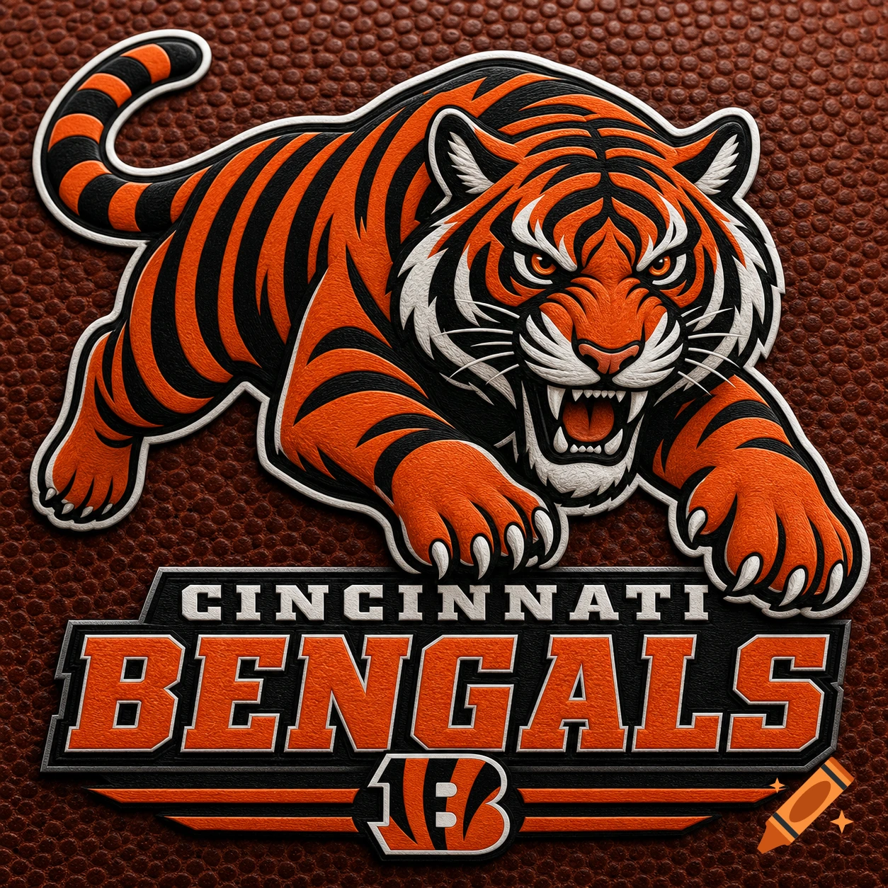 The Cincinnati Bengals logo featuring a roaring orange and black tiger above 'CINCINNATI BENGALS' text and a 'B' emblem on a football texture.