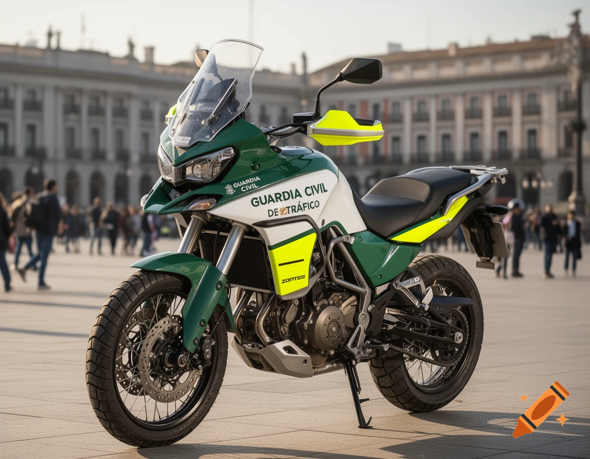 Photorealistic Spanish Guardia Civil de Tráfico Zontes police motorcycle in green, white, and yellow in a city square.
