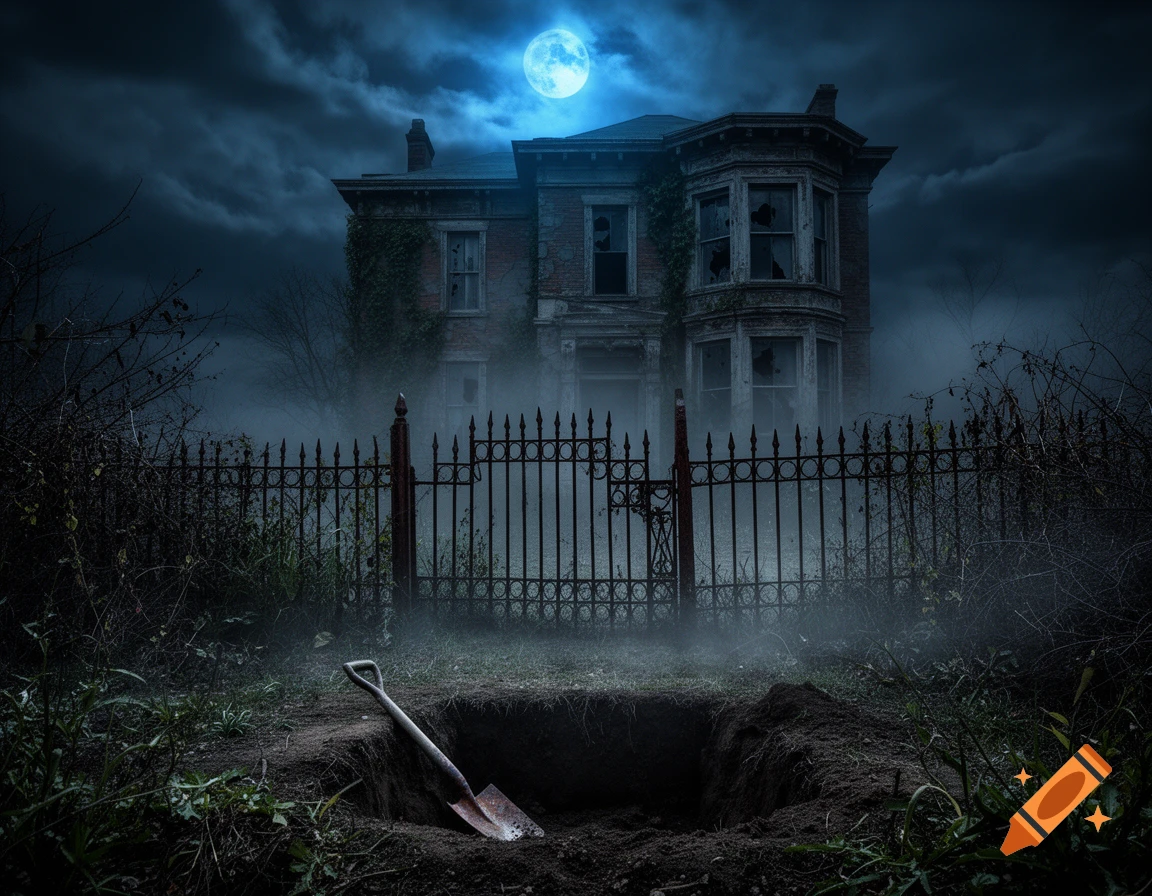An eerie, photorealistic image of a spooky Victorian mansion under a blue full moon, with fog, a broken fence, and an open grave with a shovel in the foreground.