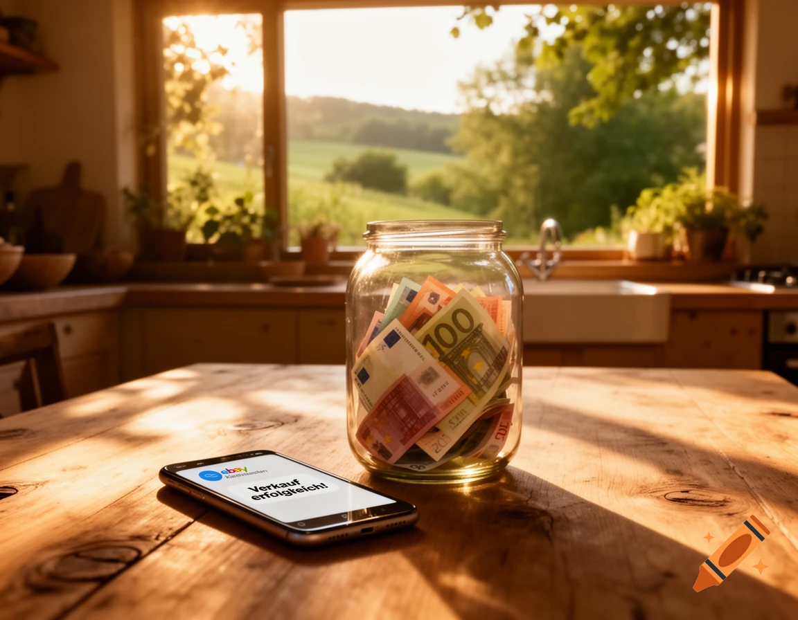 Photorealistic kitchen scene with a wooden table, a jar full of Euro banknotes, and a smartphone displaying 'Verkauf erfolgreich!' with an eBay logo, sunlit.