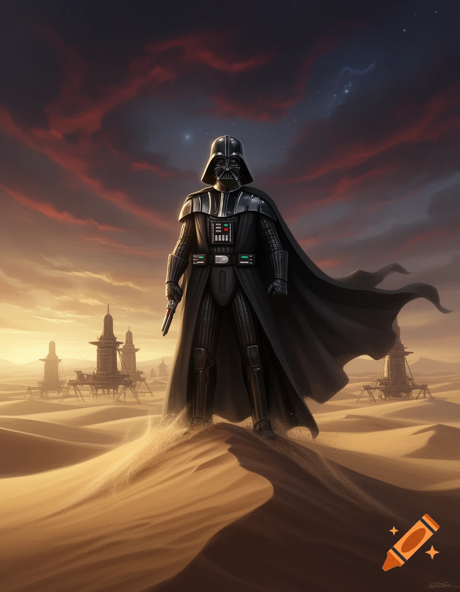 Darth Vader stands atop a sand dune in a vast desert landscape under a dramatic red and orange sky with distant futuristic structures.