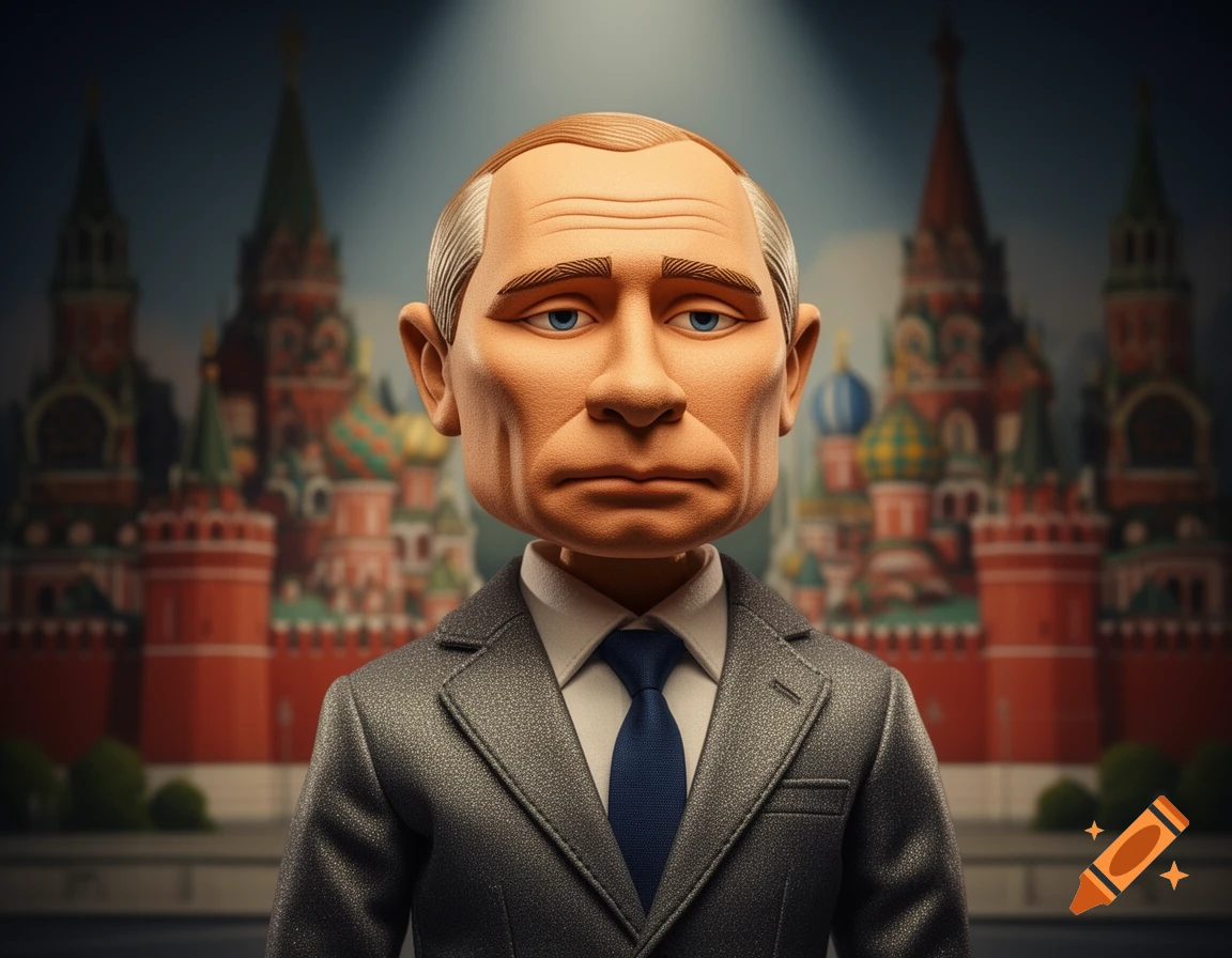 A puppet-like caricature of Vladimir Putin in a suit, standing in front of the Kremlin.
