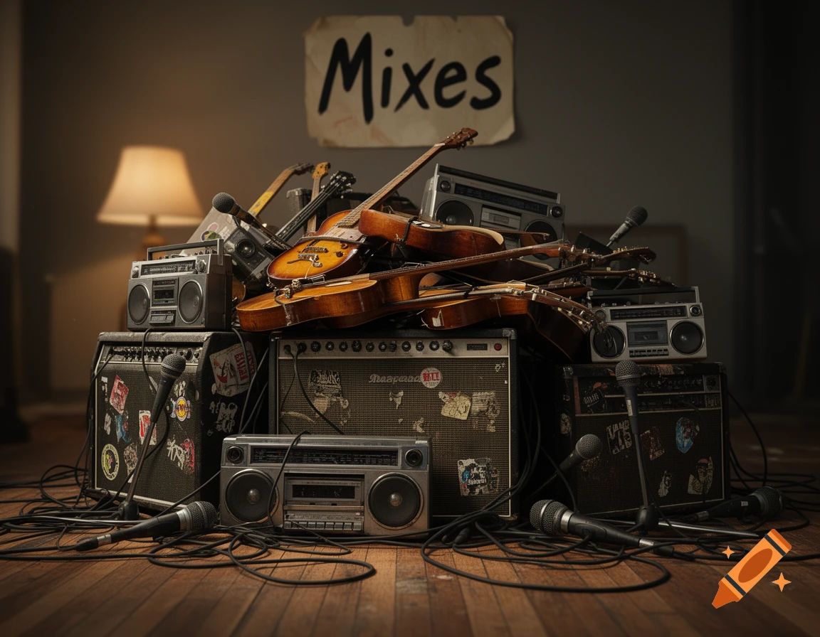 A messy stack of guitars, boomboxes, amps, and microphones on a wooden floor, with a sign reading "Mixes" on the wall.