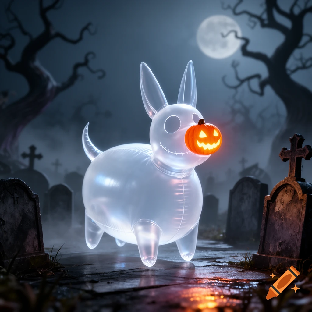 A translucent, inflated ghost dog with a glowing pumpkin nose stands in a spooky cemetery under a full moon.