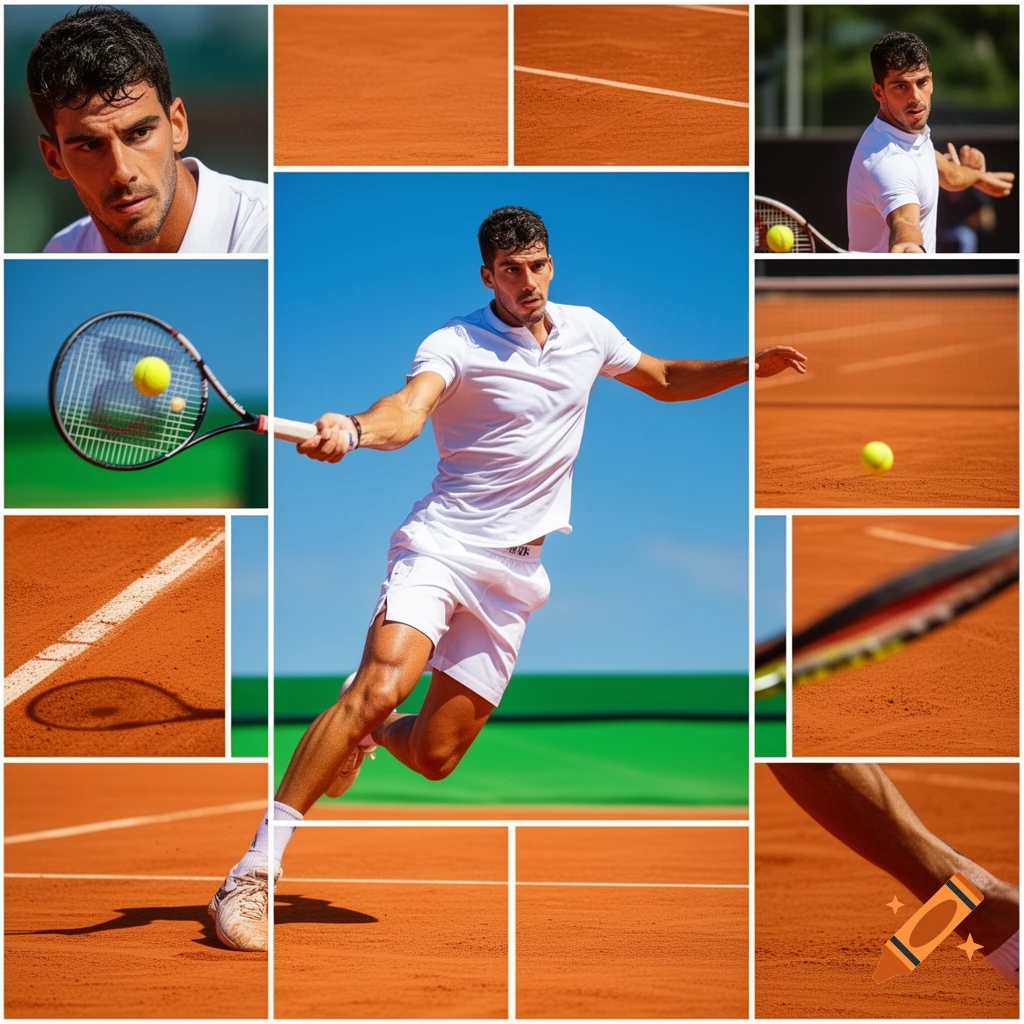 Collage of a male tennis player, Flavio Cobolli, on a clay court, hitting the ball, with close-ups of his face, racket, and court lines.