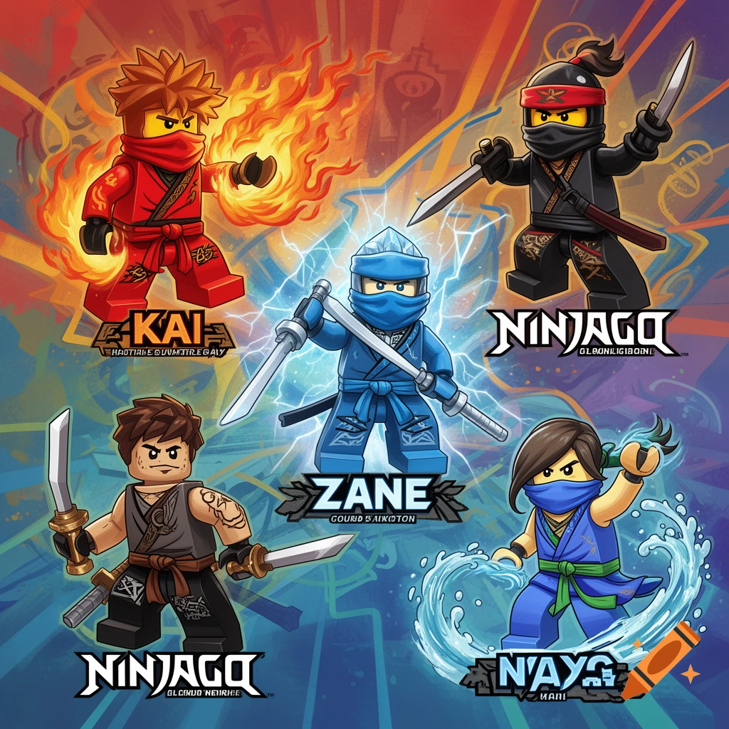 Illustration of five LEGO Ninjago characters, including Kai (fire), Zane (lightning), and Nya (water), amidst elemental effects on a vibrant background.