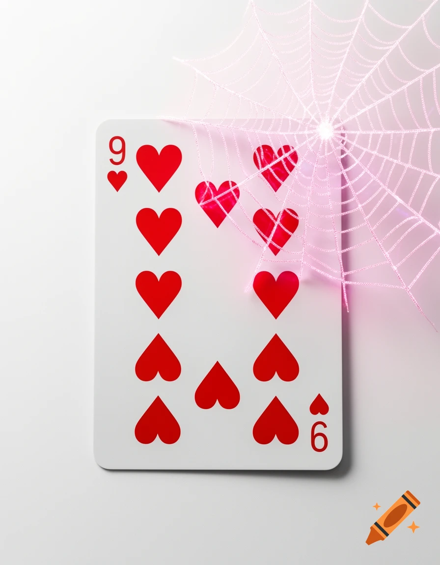 A Nine of Hearts playing card with a pink glowing spiderweb draped over its top right corner, on a white background.
