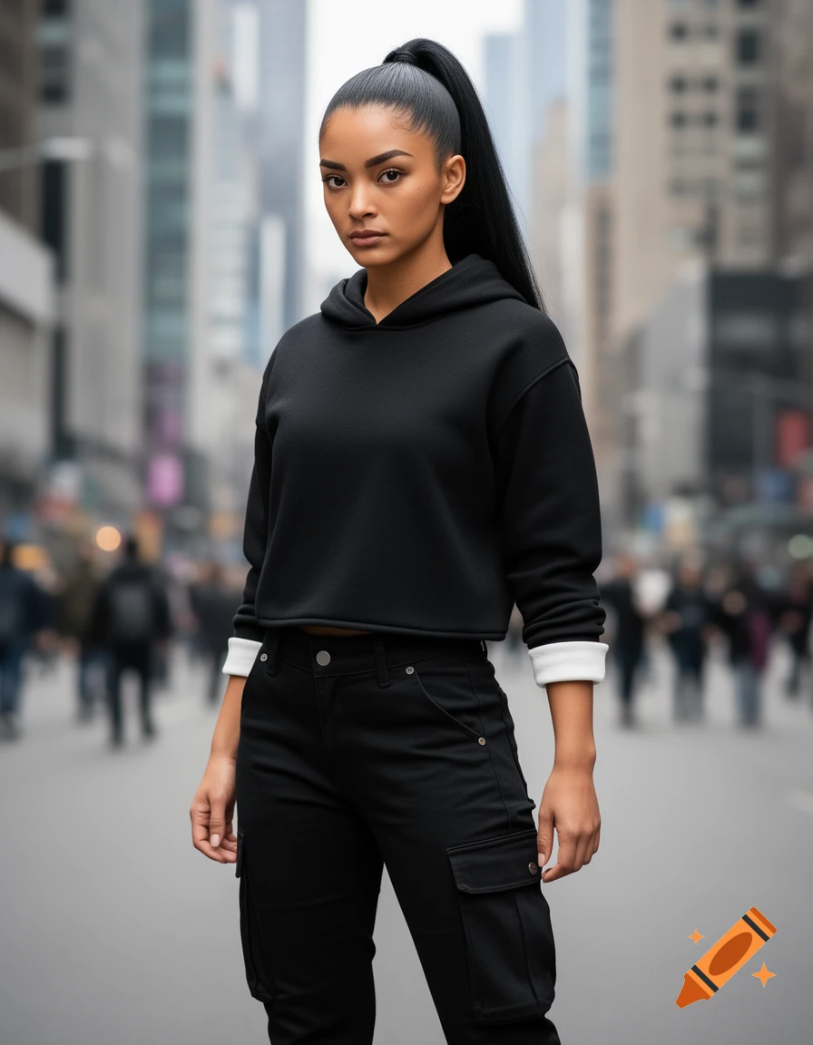 A young woman with tan skin and a high black ponytail stands on a city street, wearing a black cropped hoodie and black cargo pants.