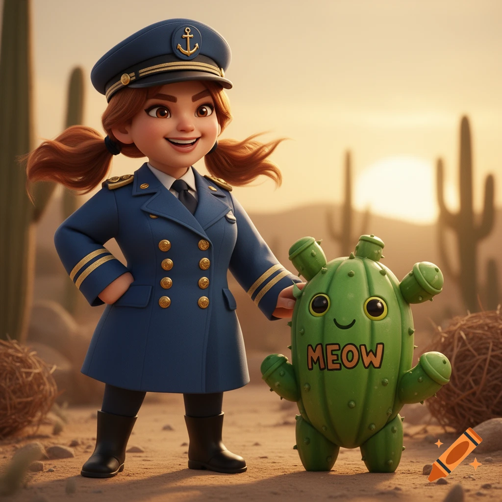 A cartoon girl in a navy uniform smiles beside a green cactus with 'MEOW' written on it, in a desert at sunset.