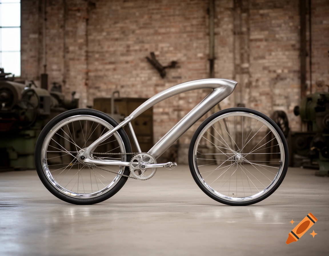 A sleek, silver concept bicycle without handlebars stands on a concrete floor in a rustic workshop.