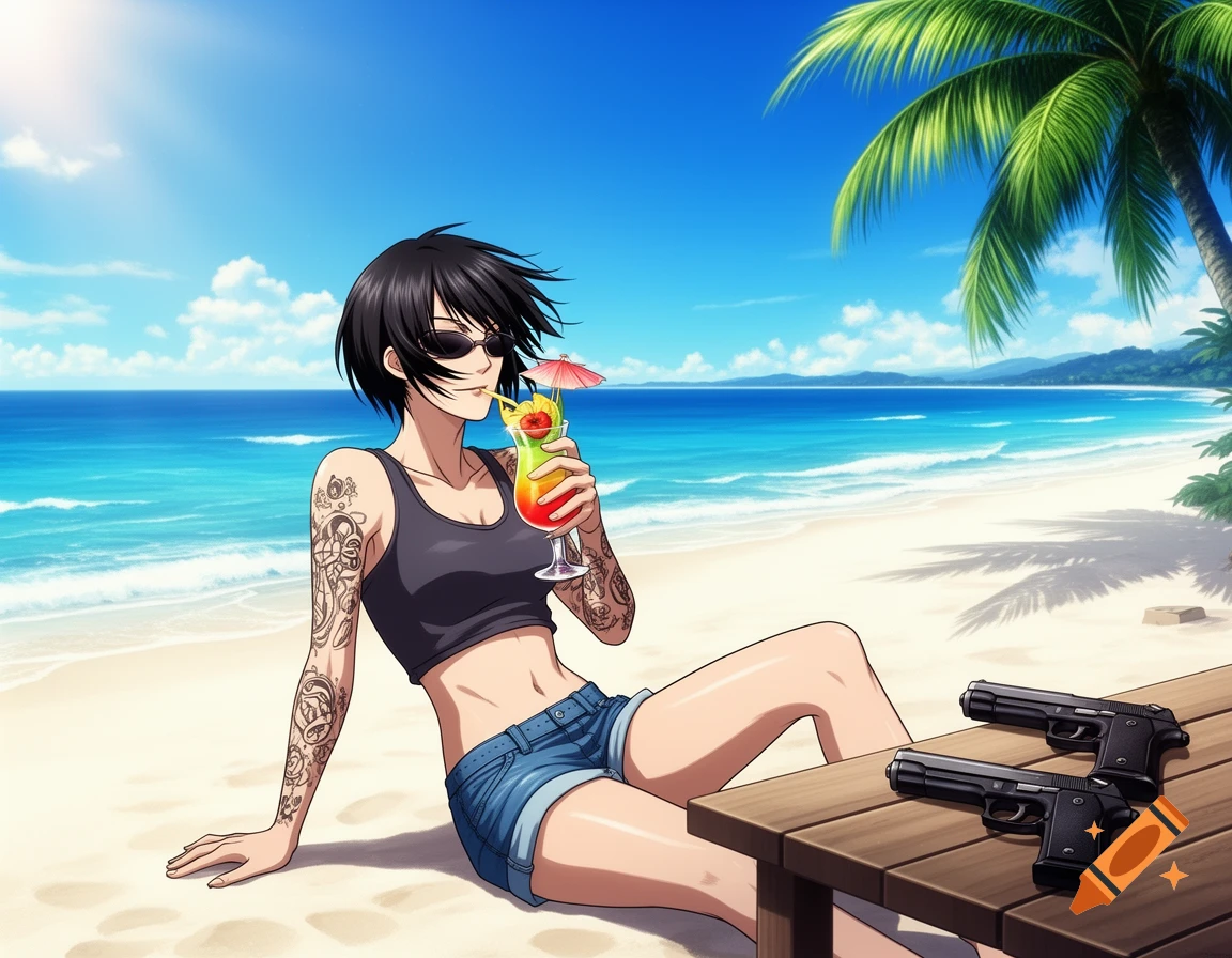 An anime girl with short black hair, sunglasses, and tattoos sits on a sunny beach, drinking a cocktail. Two pistols are on a wooden table beside her.