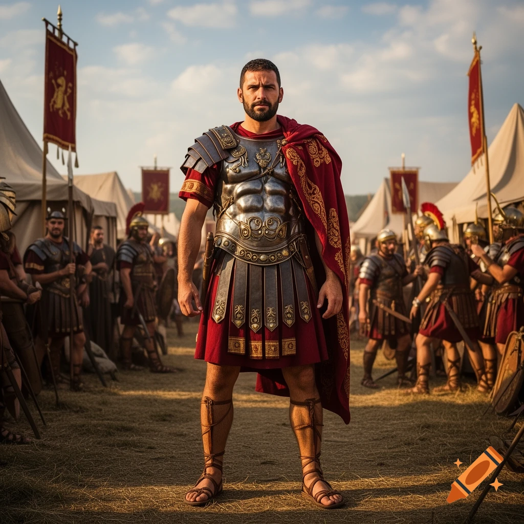 A photorealistic image of a Roman general in full armor and a red cloak standing in a military camp, soldiers and tents in the background.