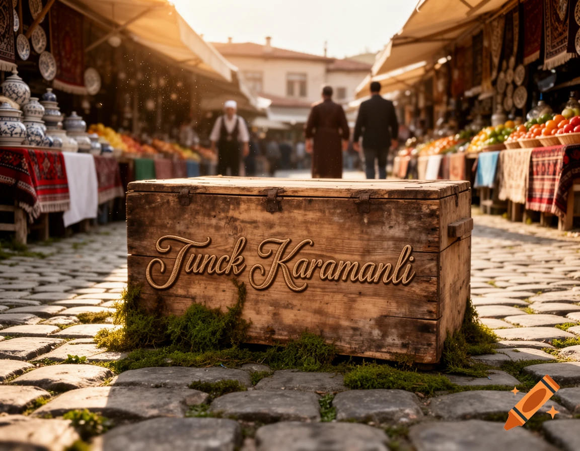 Rustic wooden chest with 'Tunck Karamanli' inscribed, on cobblestone street with moss, in a sunlit bustling outdoor market.